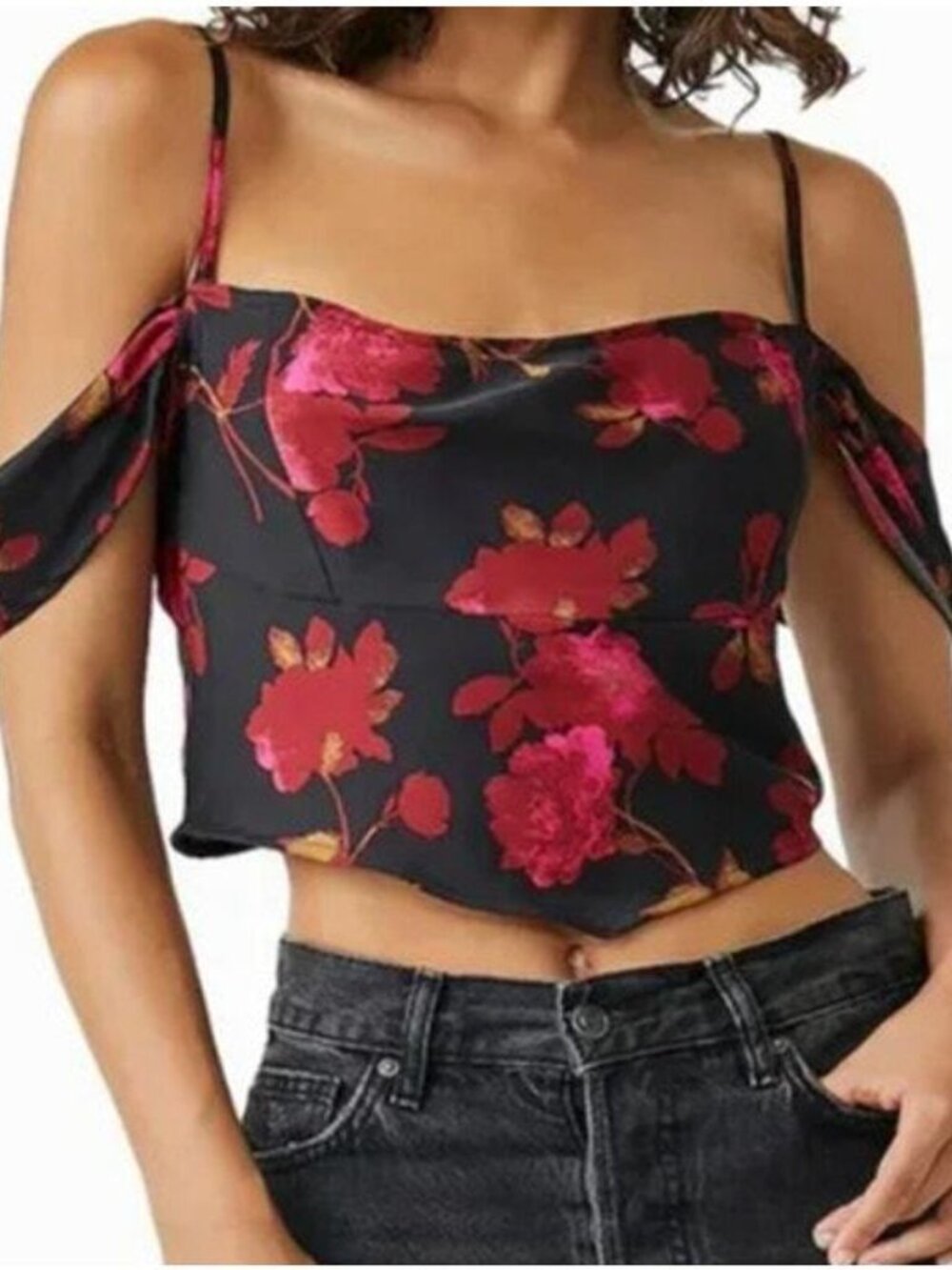 Free People Cassandra Floral Cold-Shoulder Crop Top
